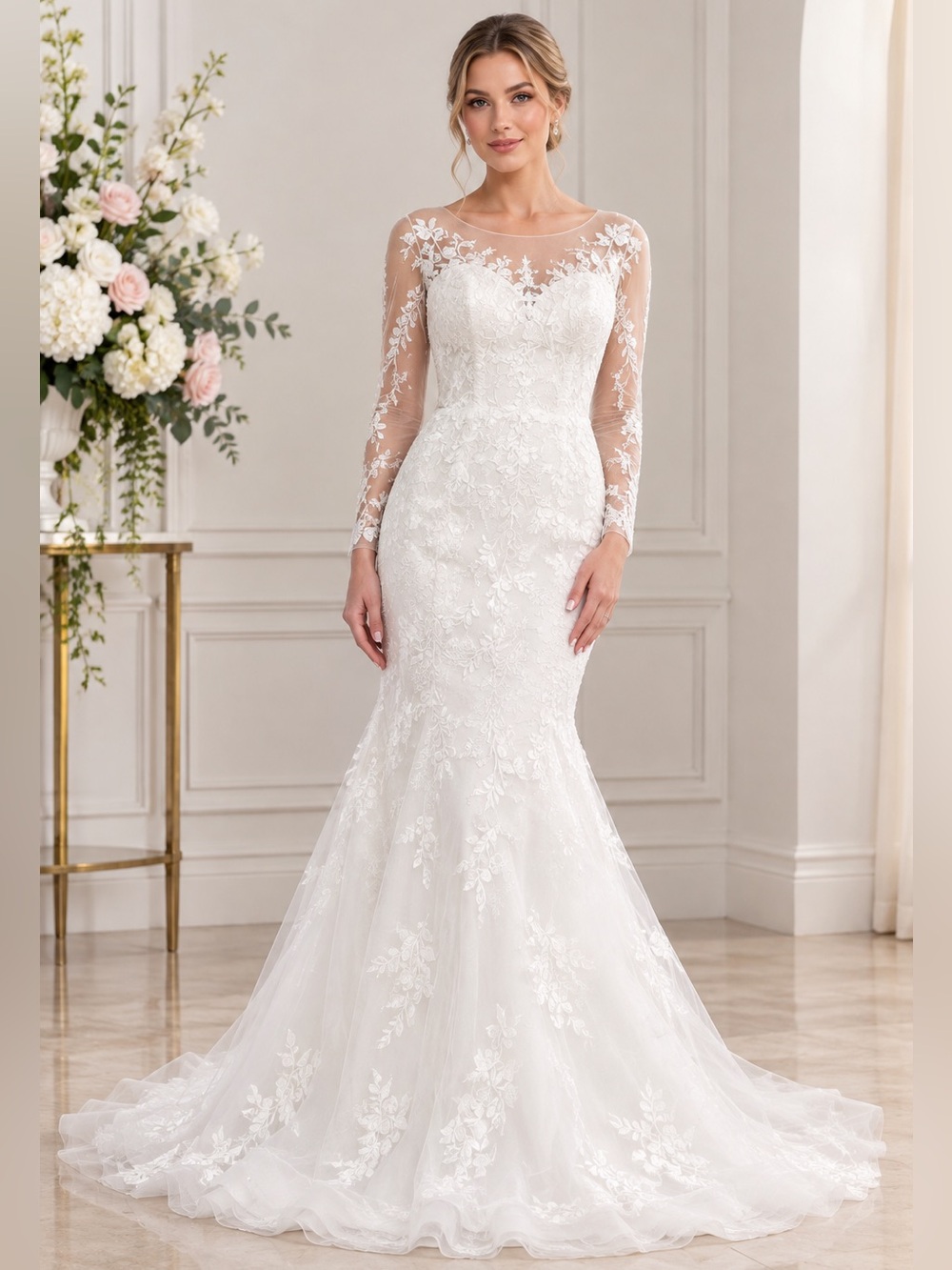 Wedding dress, White Illusion Neckline Lace Mermaid Wedding Gown,with long train